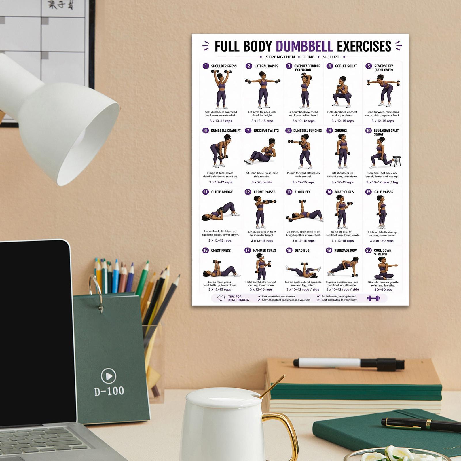 Workout Plan Home Gym - Plakat z ćwiczeniami z hantlami, 2