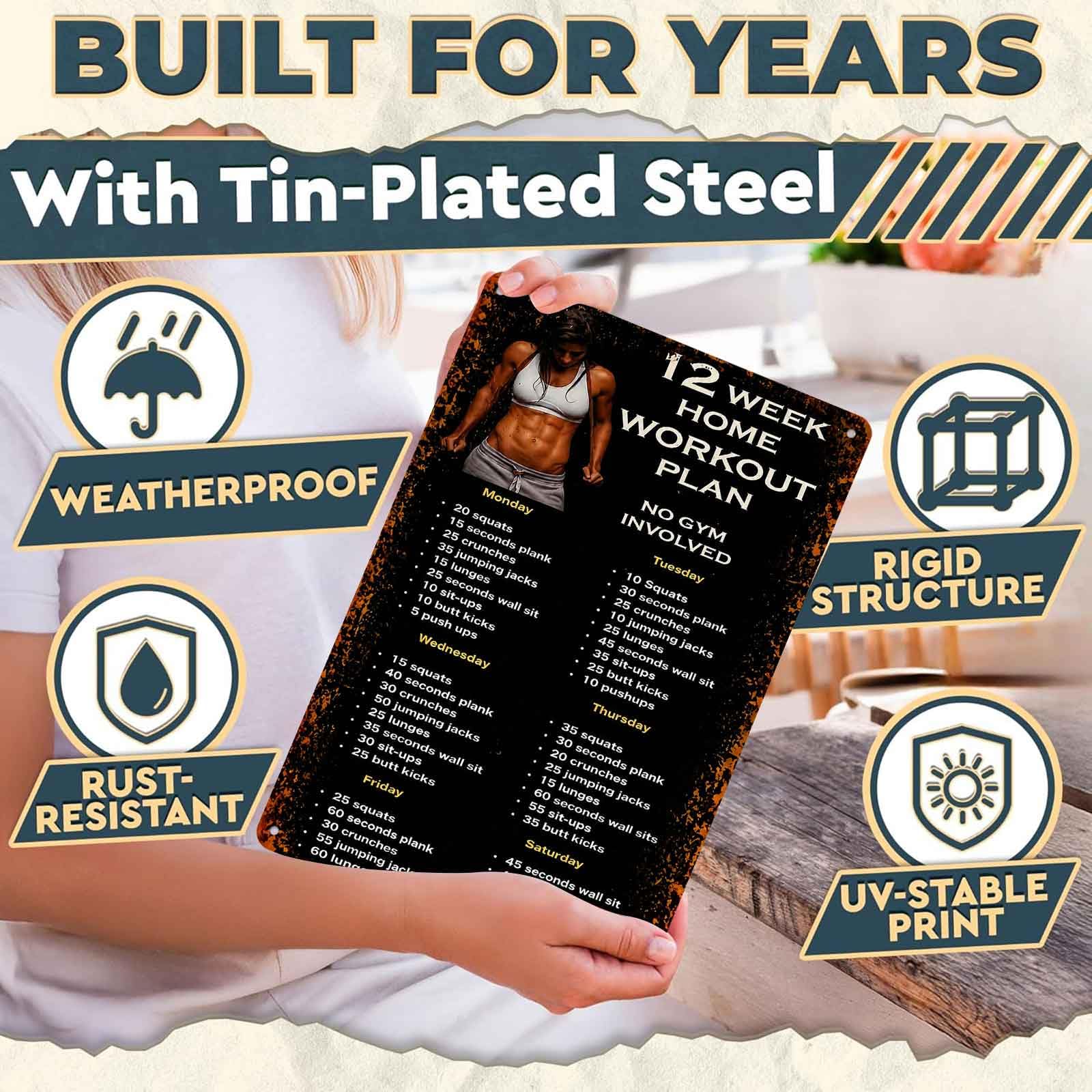 Aluminiowy szyld z planem 12-t – Workout Plan Home Gym recenzja i cena